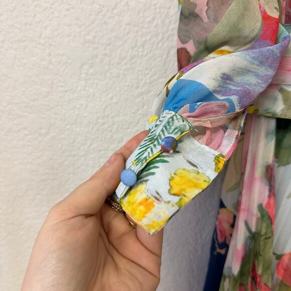 Teri Jon Rickie Freeman Patchwork Print Pleated Floral Chiffon Maxi Gown - Picture 6 of 12